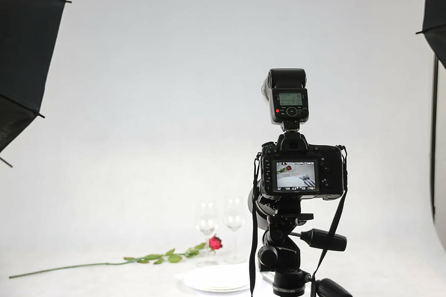 two, flute glasses, rose, slr, dslr, full frame, studio, camera, white background, equipment