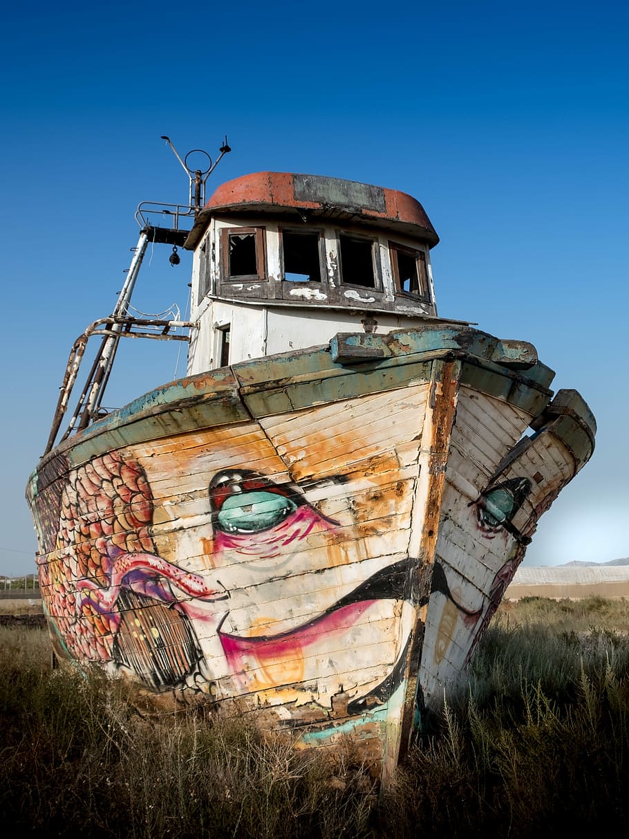 Boat, Old, Oxide, Abandoned, Graffiti, painting, art, field, abandonment, obsolete
