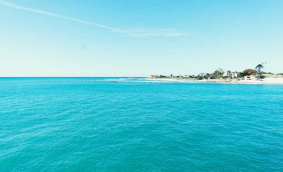 ilha, cercado, azul, água do oceano, branco, areia, praia, oceano, mar, agua