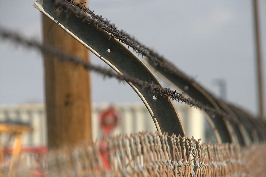 barbed, wire industrial, wire, fence, metal, protection, steel, security, prison, border