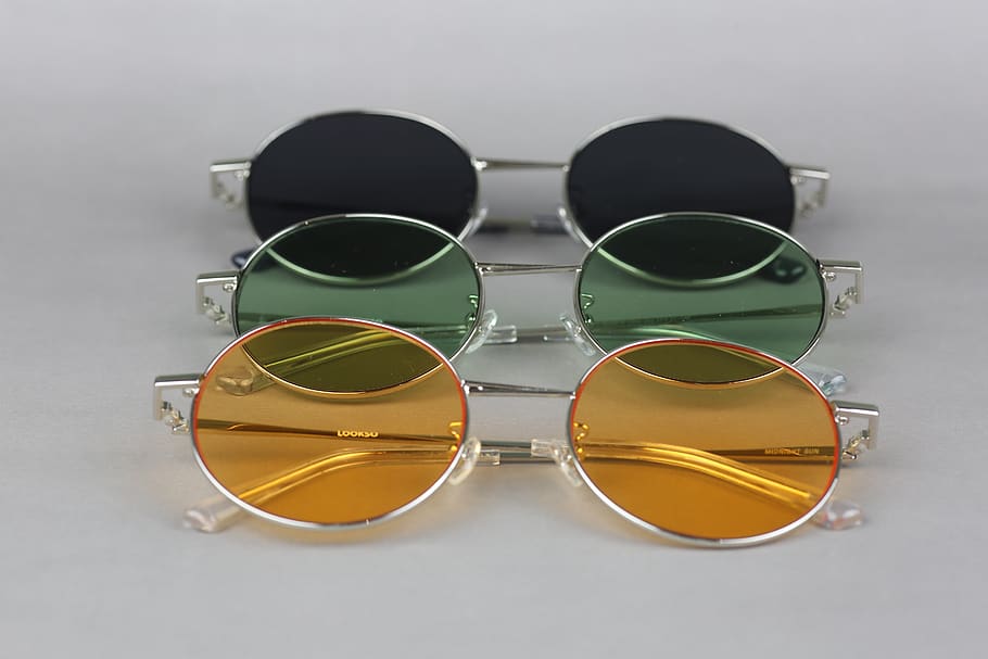 glasses, sunglasses, fashion, indoors, still life, close-up, studio shot, white background, yellow, geometric shape