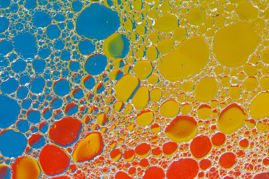 burbujas, abstracto, luces, amarillo, naranja, azul, psicodélico, agua, burbuja, primer plano
