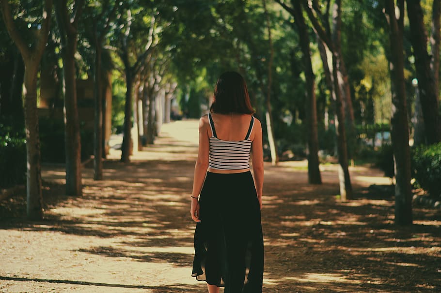 people, woman, girl, female, walking, alone, back, trees, plant, nature