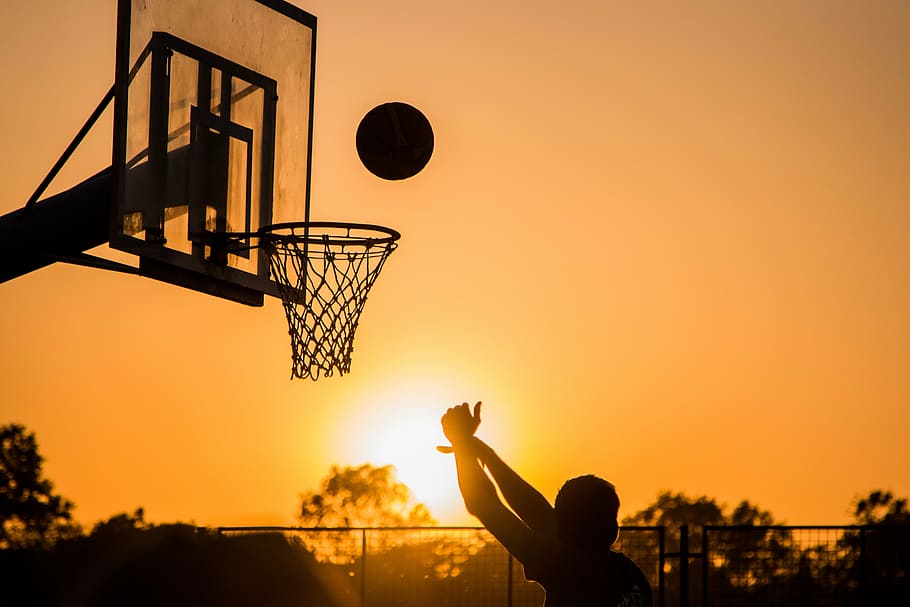 foto de silhueta, pessoa, jogando, basquete, esporte, bola, jogo, competição, Toque, equipe