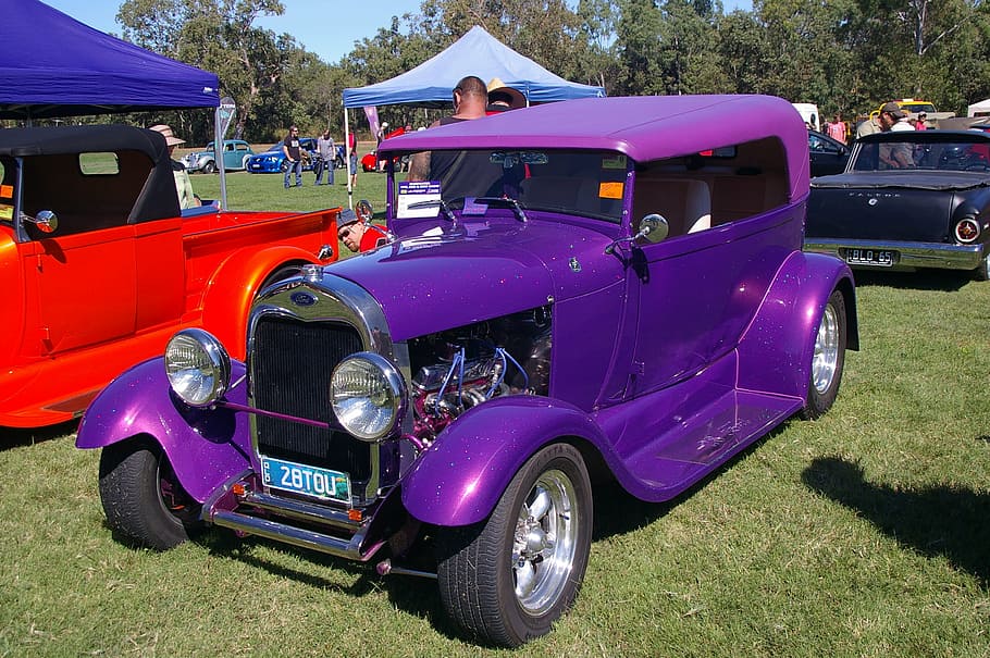 purple, vehicle, parked, canopy tent, daytime, car, vintage car, automobiles, classic cars, automotive