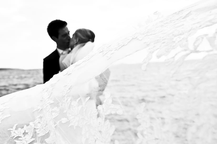 gray, scale photo, man, woman, kissing, people, couple, marriage, wedding, gown