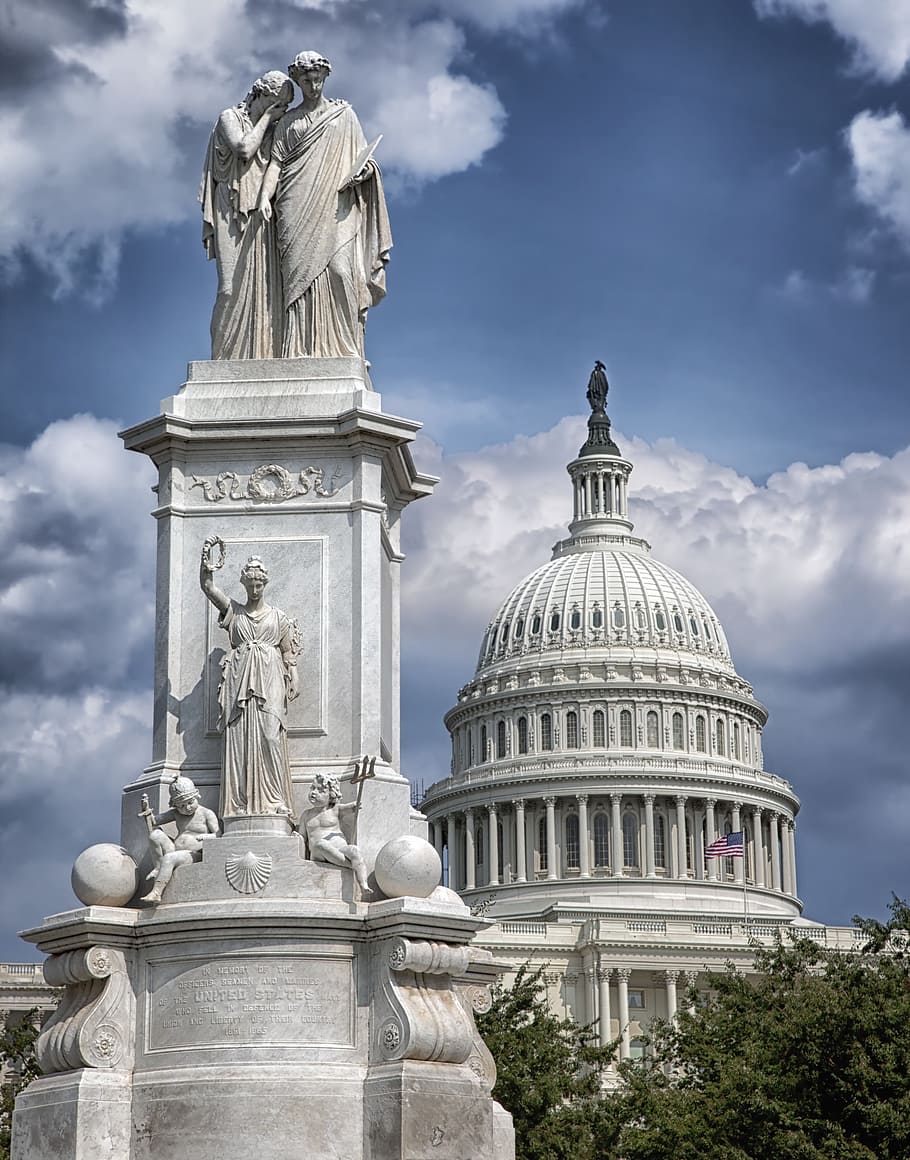 united states capitol, washington d c, statue, sculpture, the peace monument, sky, clouds, city, cities, urban