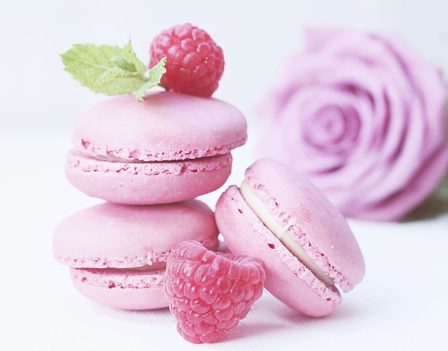 pink, macarons, raspberries, rose, flower, white, background, rose bloom, mint, pastries