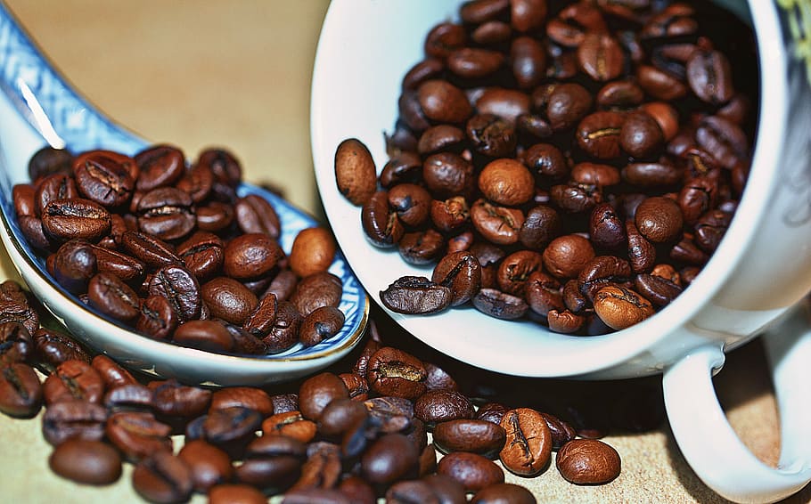coffee bean lot, white, ceramic, mug, coffee, coffee beans, grain coffee, roasted coffee, the variety of coffee, arabica