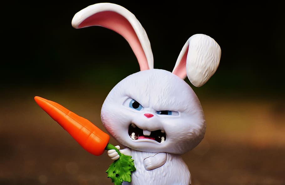 enojado, conejo, tenencia, estatuilla de zanahoria, liebre, maldad, bola de nieve, personaje de la película, mascotas, divertido