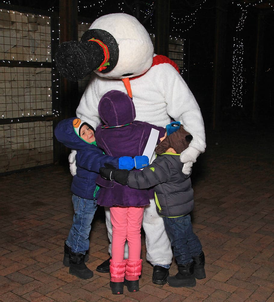 frosty, snowman, winter, costume, bundled, cold, carrot, character, hug, love