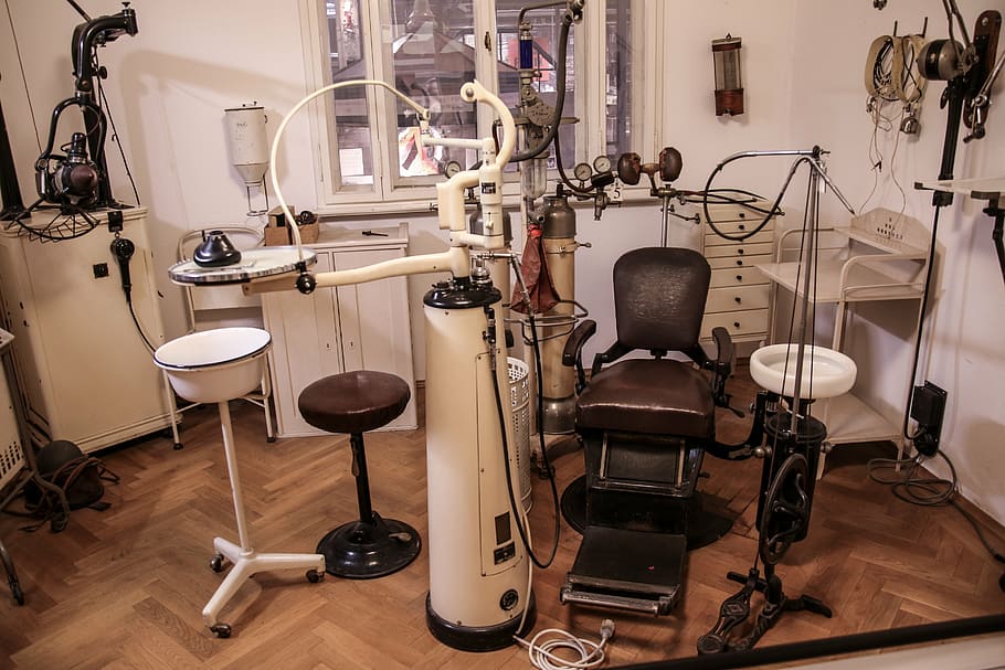vintage, brown, white, dentist chair, doctor, dentist, dental treatment, treatment room, indoors, hardwood floor