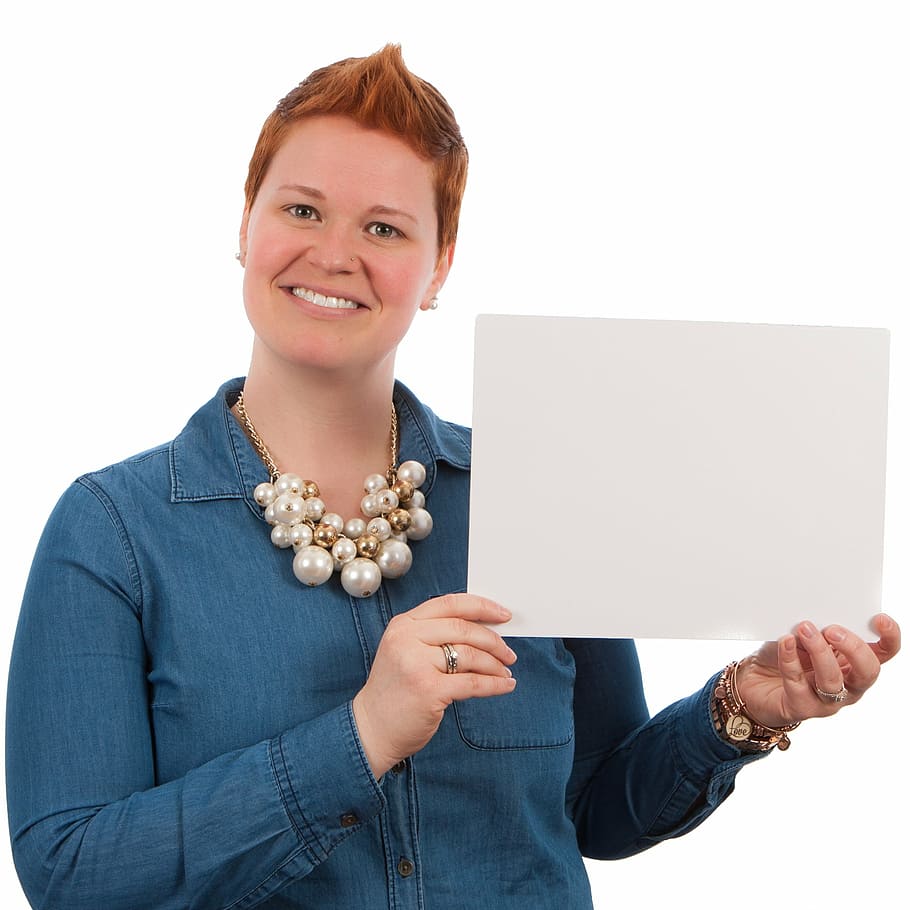 woman, holding, white, board, poses, elearning, female, girl, people, caucasian