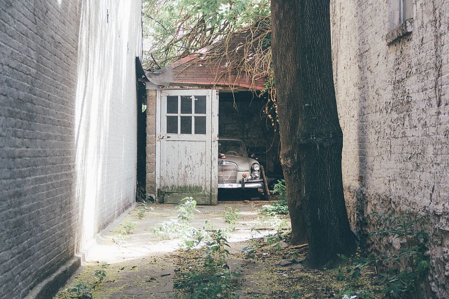 vintage, white, car, inside, opened, garage, alley, broken, classic, dirty