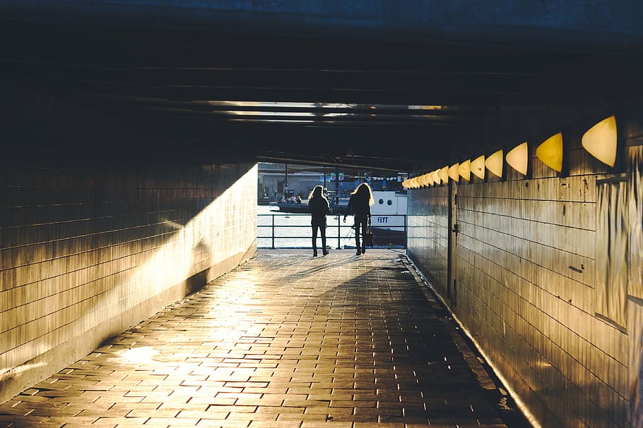 two, person, walking, hallway, people, back, silhouette, light, tunnel, dark