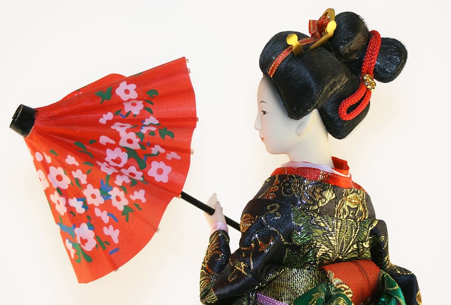 geisha, llevando, estatuilla de paraguas, mujer, japonés, muñeca, hembra, hermosa, niña, peinado