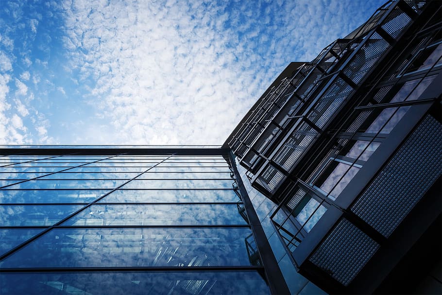 bottom view, glass-panel building, architecture, hotel, glass, luxury hotel, building, facade, sky, building exterior