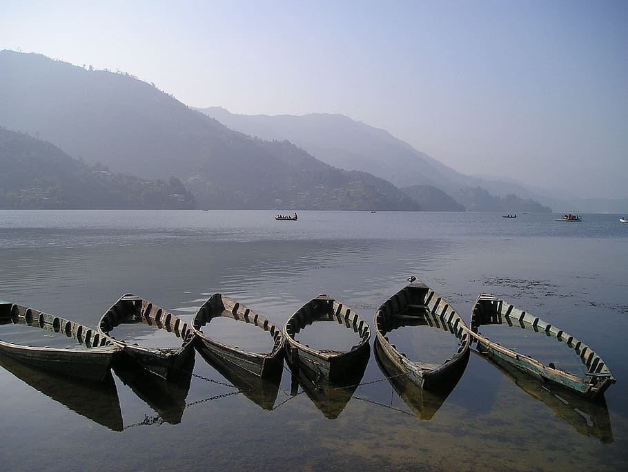 six, black, canoe photography, canoe, photography, nepal, boats, lake, pokhara, tranquility