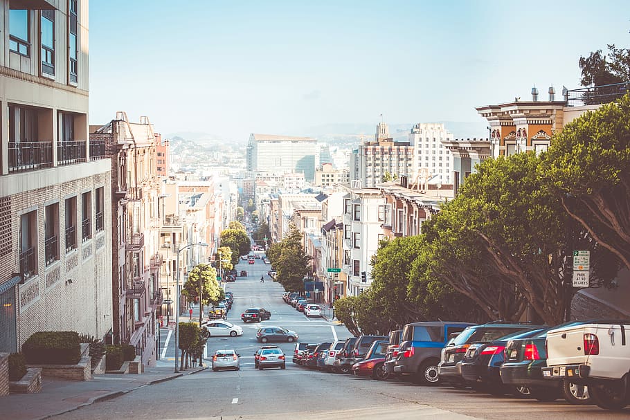 улица Сан-Франциско, Замечательно, Вид, Вниз, Калифорния, автомобили, город, дома, пересечение, парковка