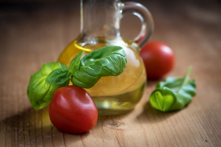 rojo, cereza, tomates, verde, cuenca, hojas, aceite, aceite de oliva, botellas, comida
