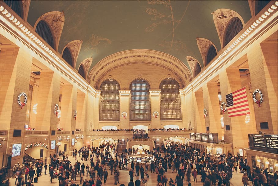 Gente dentro del hall, Grand Central Station, Nueva York, gente, multitud, arquitectura, Estados Unidos, American, bandera, grupo de personas