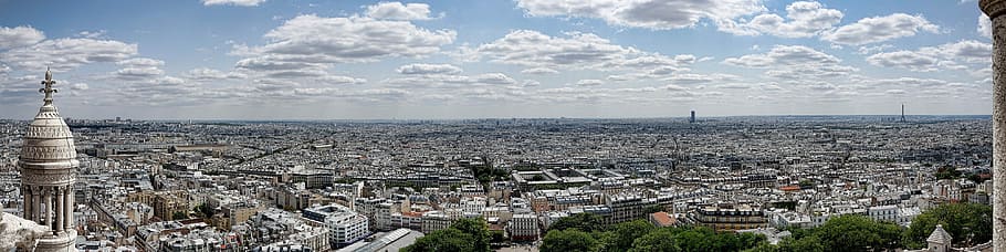 fotografía, rascacielos, edificios, zona, ver, ciudad, París, Francia, horizonte, puesta de sol