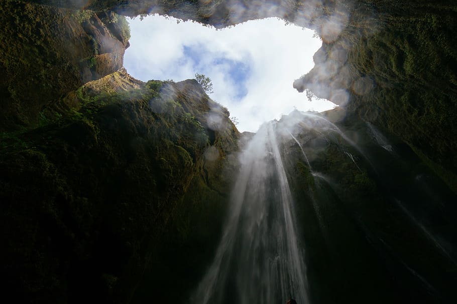 water falls, cave, pit, waterfall, inside, deep down, looking up, breath taking, cloud - sky, nature