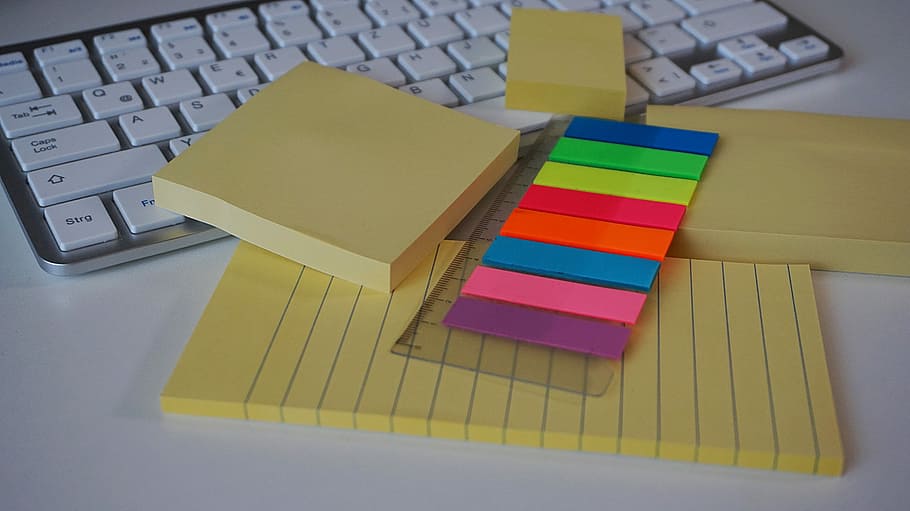 Postit, Sticky Notes, Adhesive, adhesive note, office accessories, memo pad, multi colored, indoors, stack, yellow