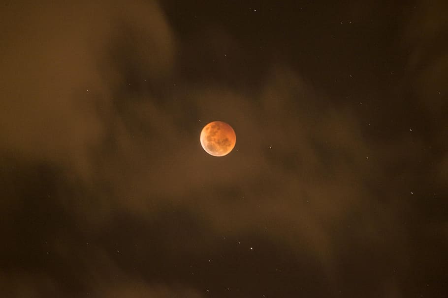 fotografia, vermelho, lua, lua de sangue, eclipse lunar, nuvens, estrelas, lua cheia, noite, dia das bruxas
