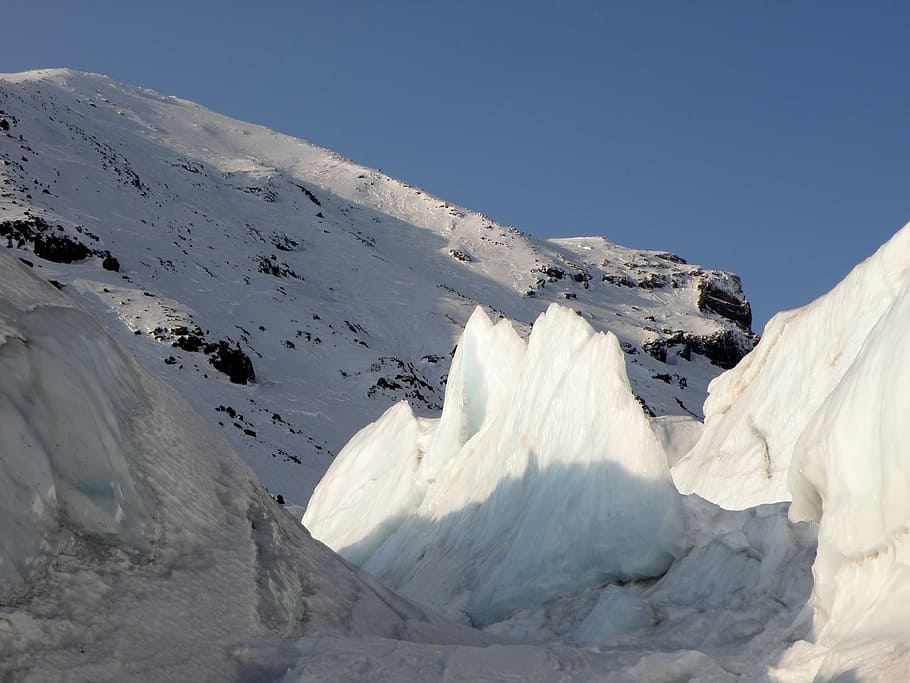 glacier, volcano, blocks, kamchatka, kozelsky volcano, pass, height, snow, ice, winter
