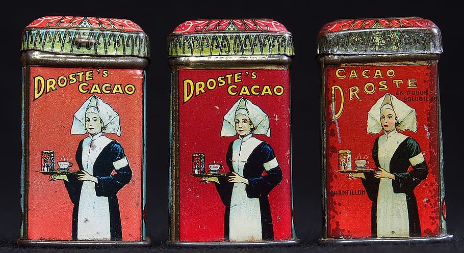 cacao, container, box, tin, food, package, old, product, red, human representation
