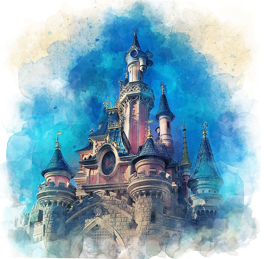 pintura de castillo, disneyland, castillo, parís, turismo, vacaciones, infancia, fantasía, sueño, historia