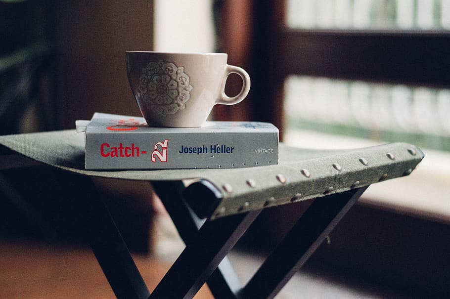 tray, coffee, cup, mug, morning, book, novel, catch, author, table