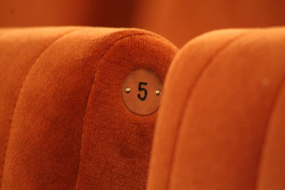 oranye, kursi kain, foto close-up, Lima, Nomor, Teater, Ruang, Kursi, kursi lipat, bayar