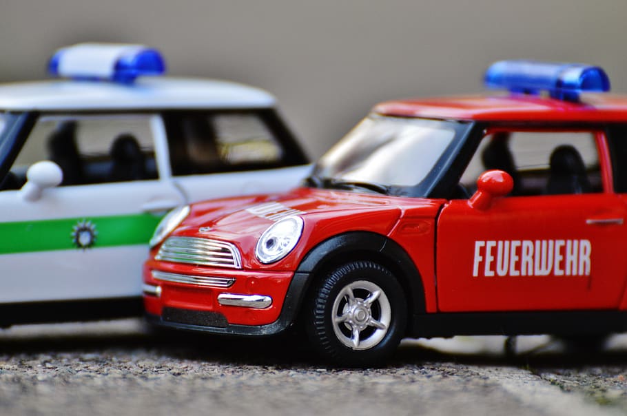 fire, police, mini cooper, auto, model car, red, blue light, vehicle, vehicles, fire truck