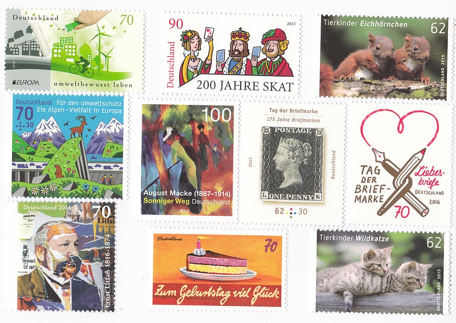 selos postais, coletar, deutsche post, mamífero, representação, animais domésticos, doméstico, representação humana, texto, um animal