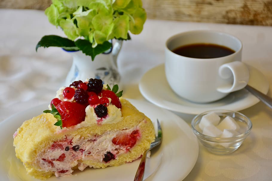 cake, served, white, ceramic, plate, coffee, mug, bisquit, strawberry roll, strawberry