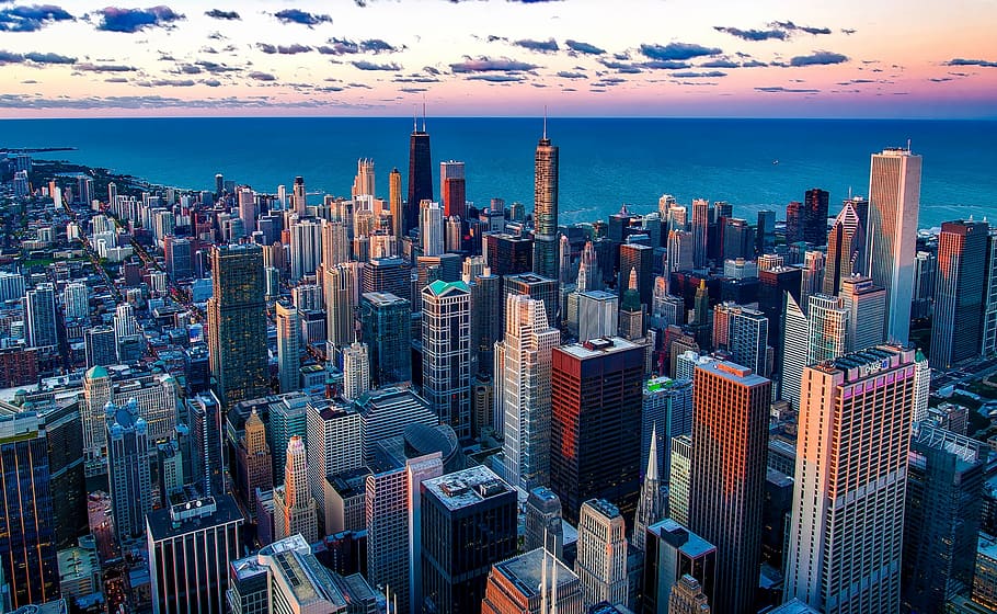 fotografia de edifícios da cidade, chicago, illinois, lago michigan, água, arranha-céu, urbano, construção, centro da cidade, arquitetura
