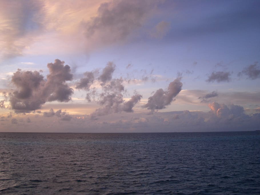 morning glow, blue sea, clouds, clear skies, southern country, paradise, sky, sea, horizon, cloud - sky