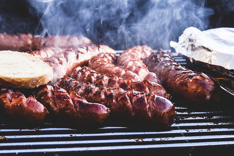 sausages cooking, Meat, sausages, BBQ, food/Drink, barbecue, barbeque, cooking, food, grill
