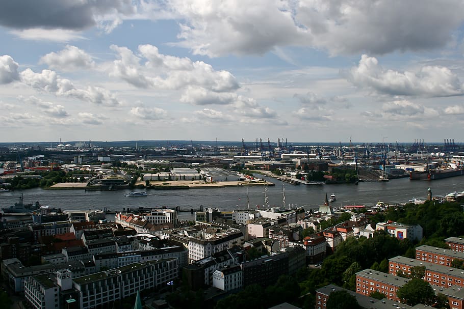 hamburg, port, elbe, jerman, landungsbrücken, crane harbour, kapal, ponton, crane, air