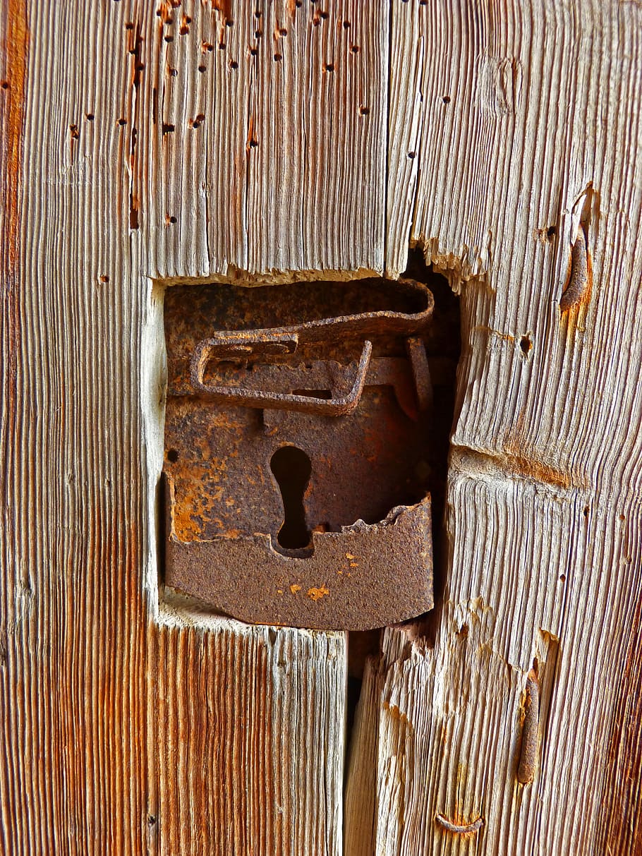 brown rusted keyhole, bolt, old, iron, wood, rusty, mechanism, wood - material, close-up, wood grain