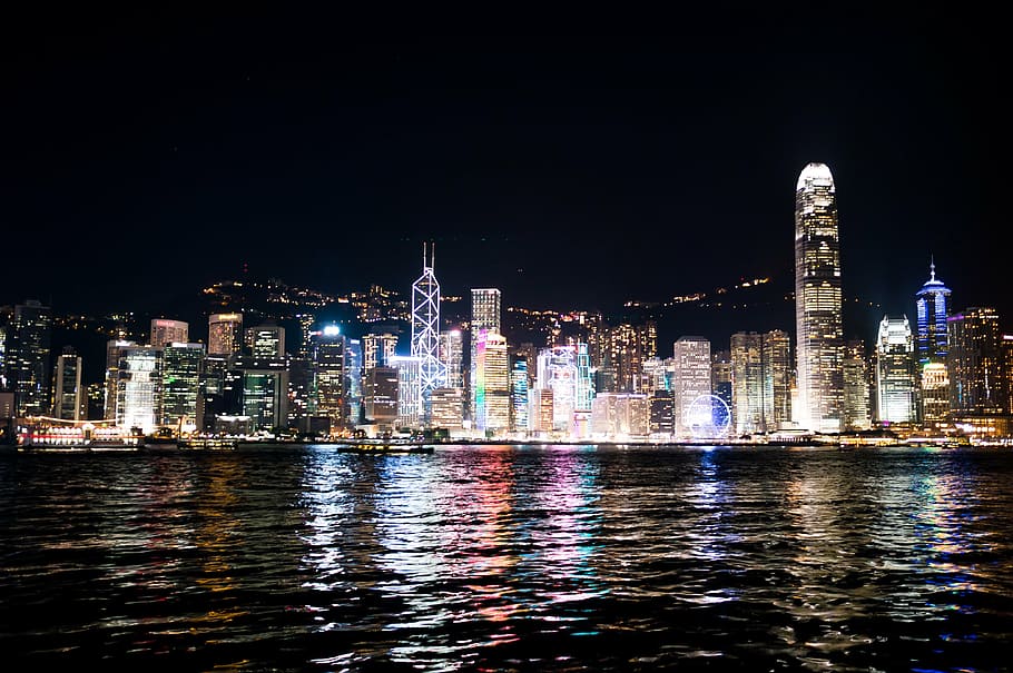 Victoria Peak, Hong Kong, paisaje, vista nocturna, exterior del edificio, noche, arquitectura, estructura construida, agua, iluminado