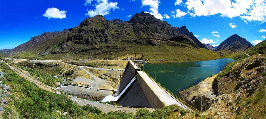 concrete, dam, surrounded, mountain range, hydroelectric power station, huanza, peru, water dam, dredge, power plant