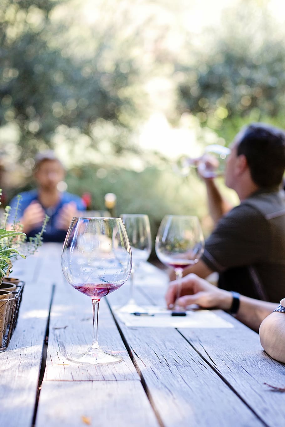 three, wine glasses, gray, wooden, picnic table, wine tasting, winery, vineyard, napa, wineglasses