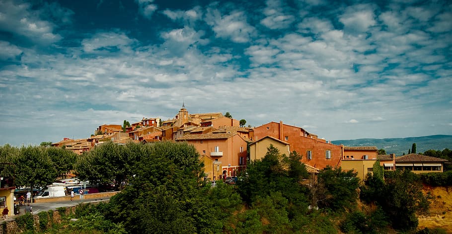 village, provence, france, sky, ochre, building exterior, architecture, built structure, tree, plant
