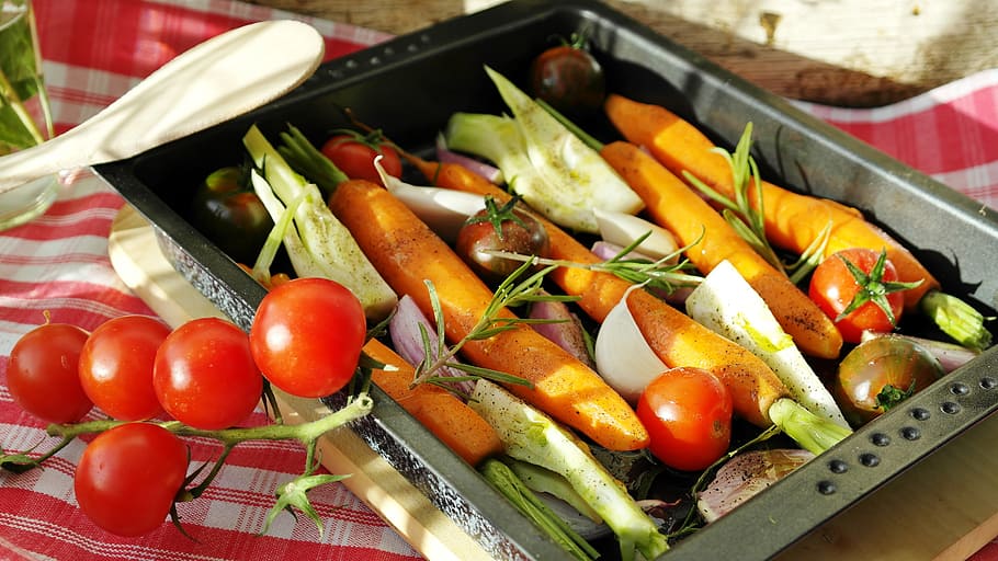 assorted, fruit, vegetables, stainless, steel tray, vegetable pan, barbecue, tomatoes, carrots, yellow beets