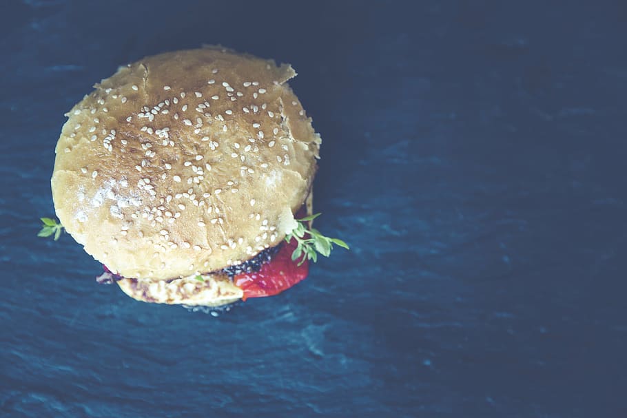 burger, herb leaf, blue, surface, hamburger, roll, fast food, tasty, delicious, junk food