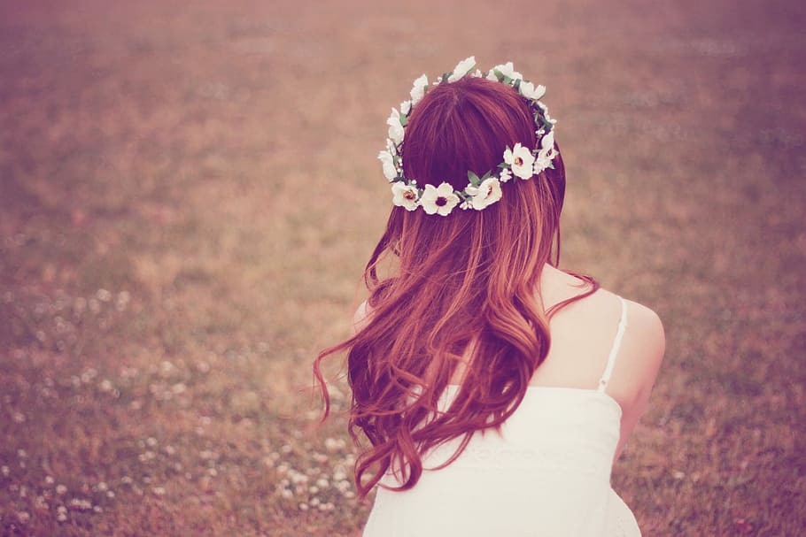 woman, white, camisole, floral, headband, looking, field, taking, back, woman in white