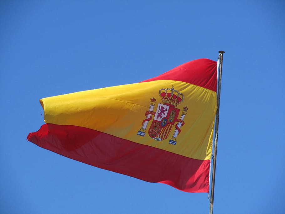 flag, spain, sky, wind, holiday, fluttering, spanish, yellow, blue, red